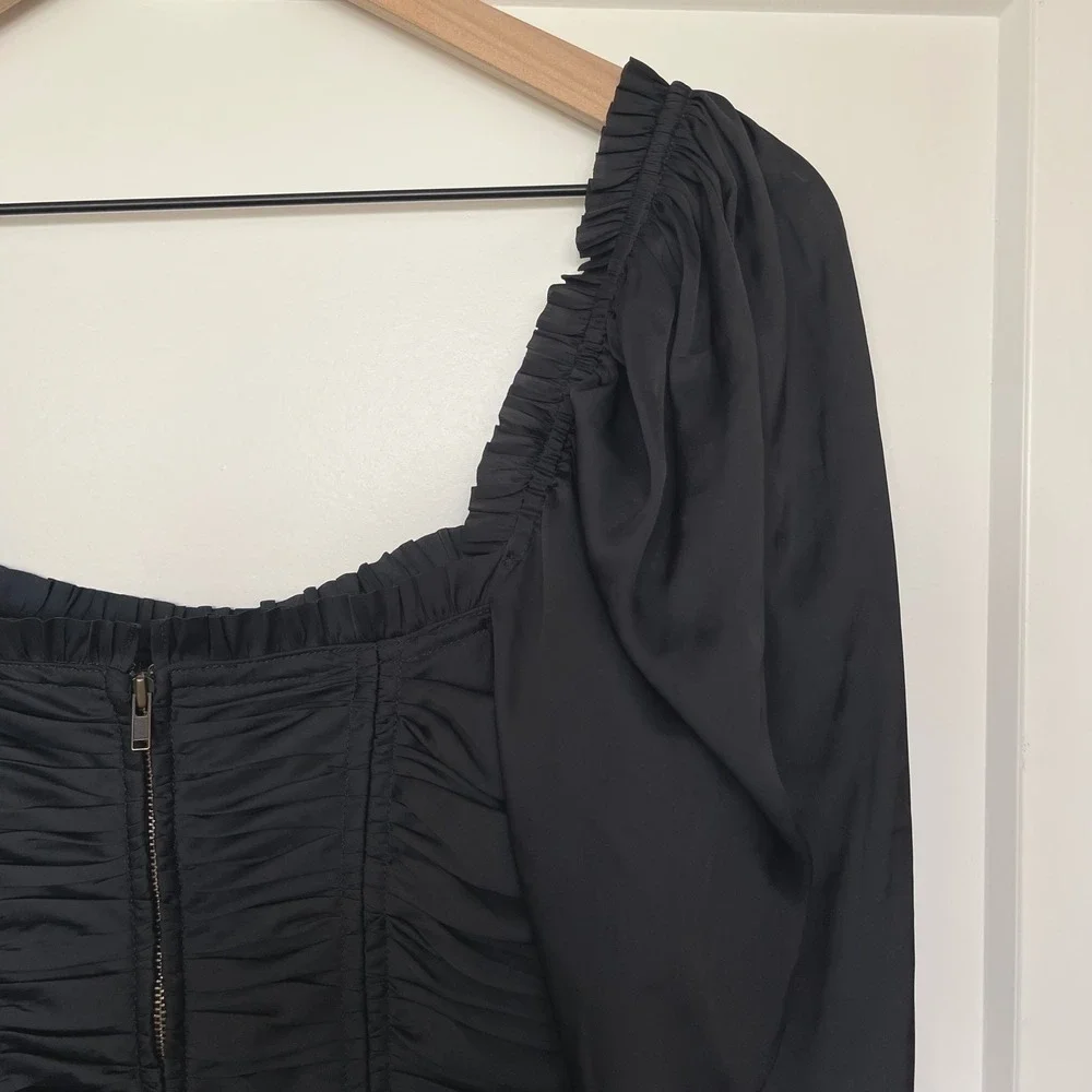 Ulla Johnson Mia Blouse Sz 0 Black Plisse Satin Bustier Puff Sleeve Pleated Sexy